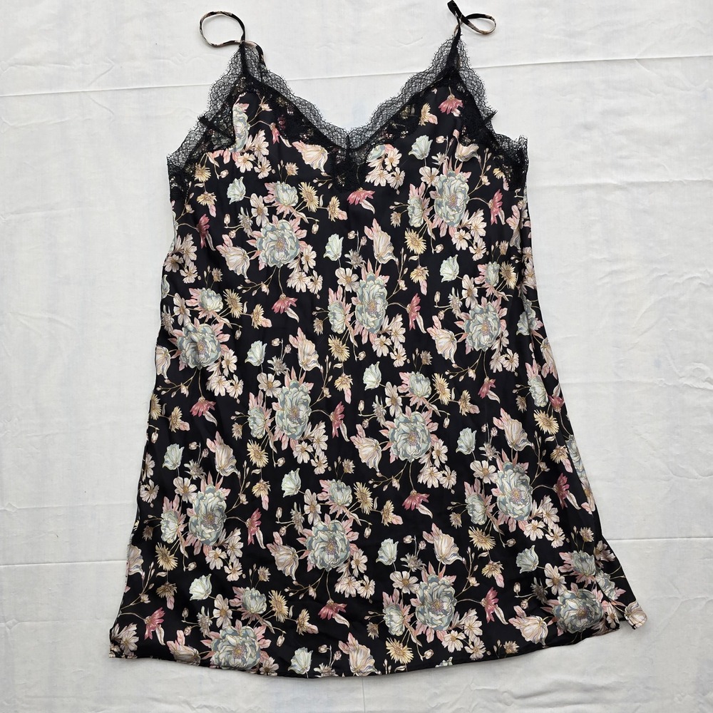 Victoria's Secret Floral Satin Slip Nightgown Chemise Lace Trim Small S Black